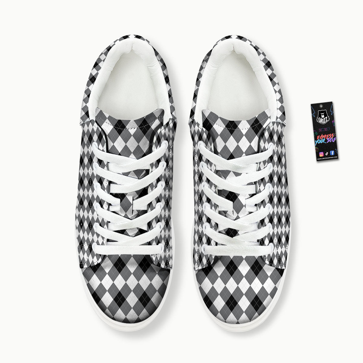 White And Black Argyle Print Pattern Platform Shoes-grizzshop