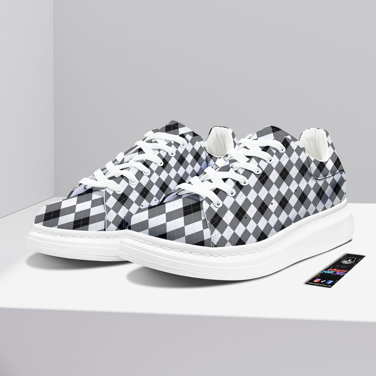 White And Black Argyle Print Pattern Platform Shoes-grizzshop