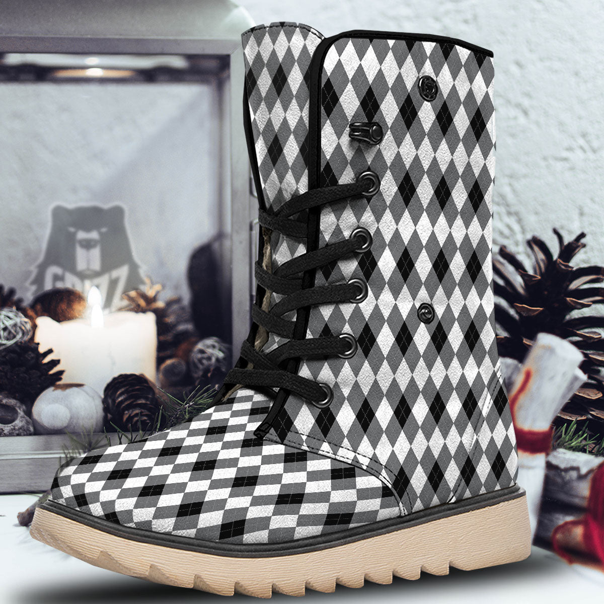 White And Black Argyle Print Pattern Snow Boots-grizzshop