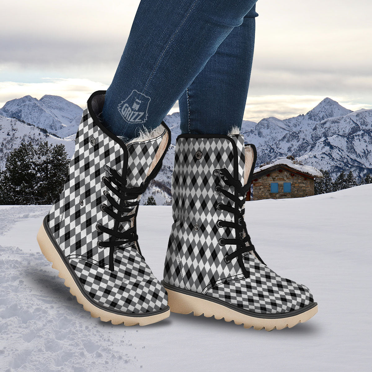 White And Black Argyle Print Pattern Snow Boots-grizzshop