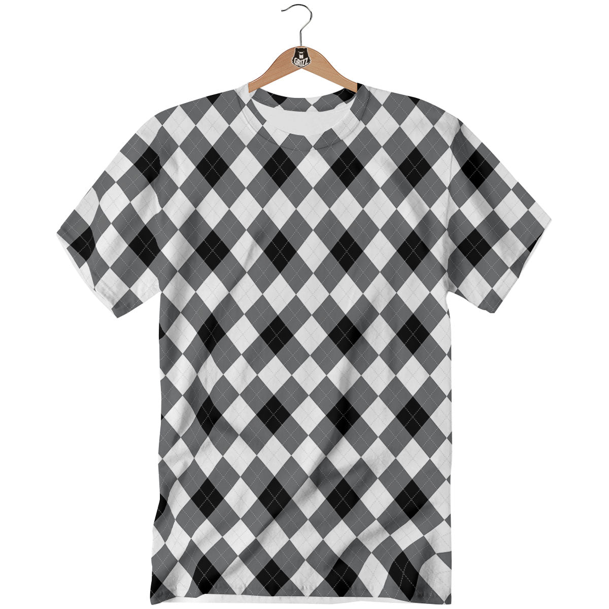 White And Black Argyle Print Pattern T-Shirt-grizzshop