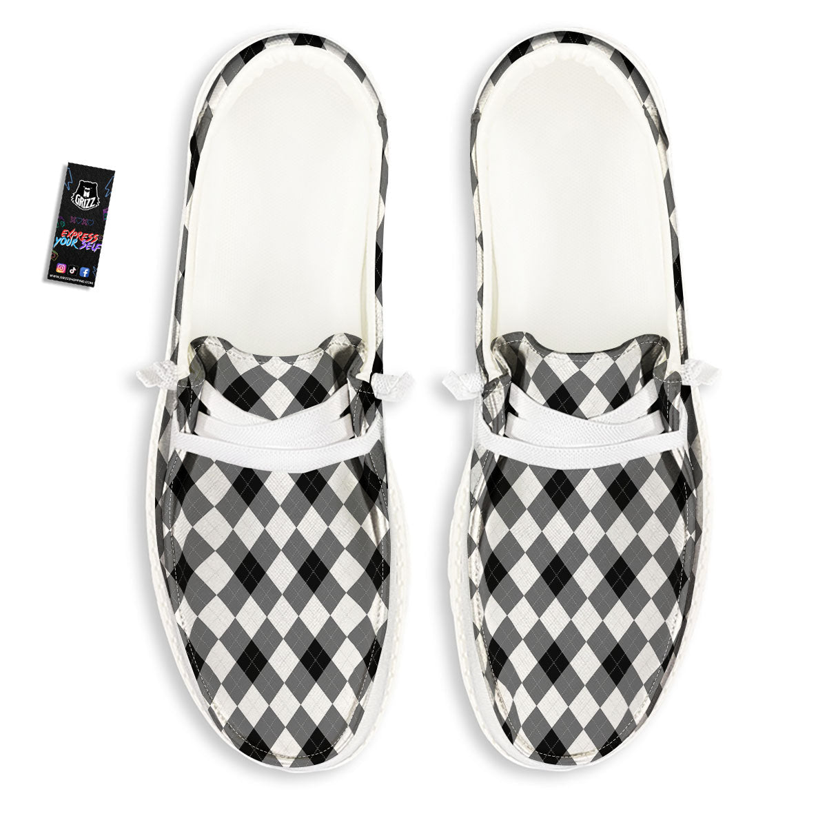 White And Black Argyle Print Pattern White Loafers-grizzshop