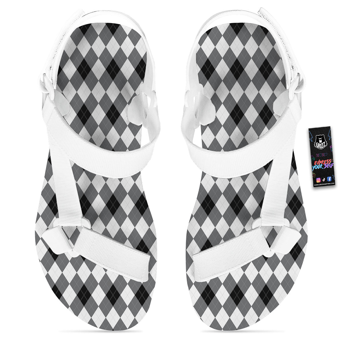 White And Black Argyle Print Pattern White Open Toe Sandals-grizzshop