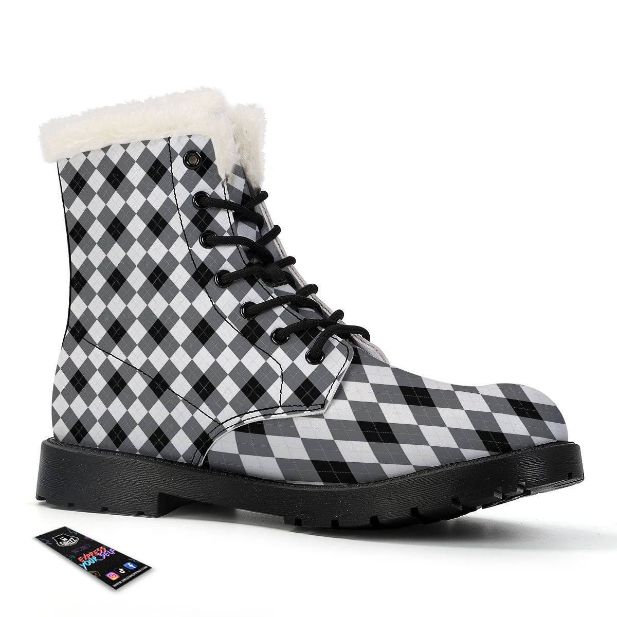 White And Black Argyle Print Pattern Winter Boots-grizzshop