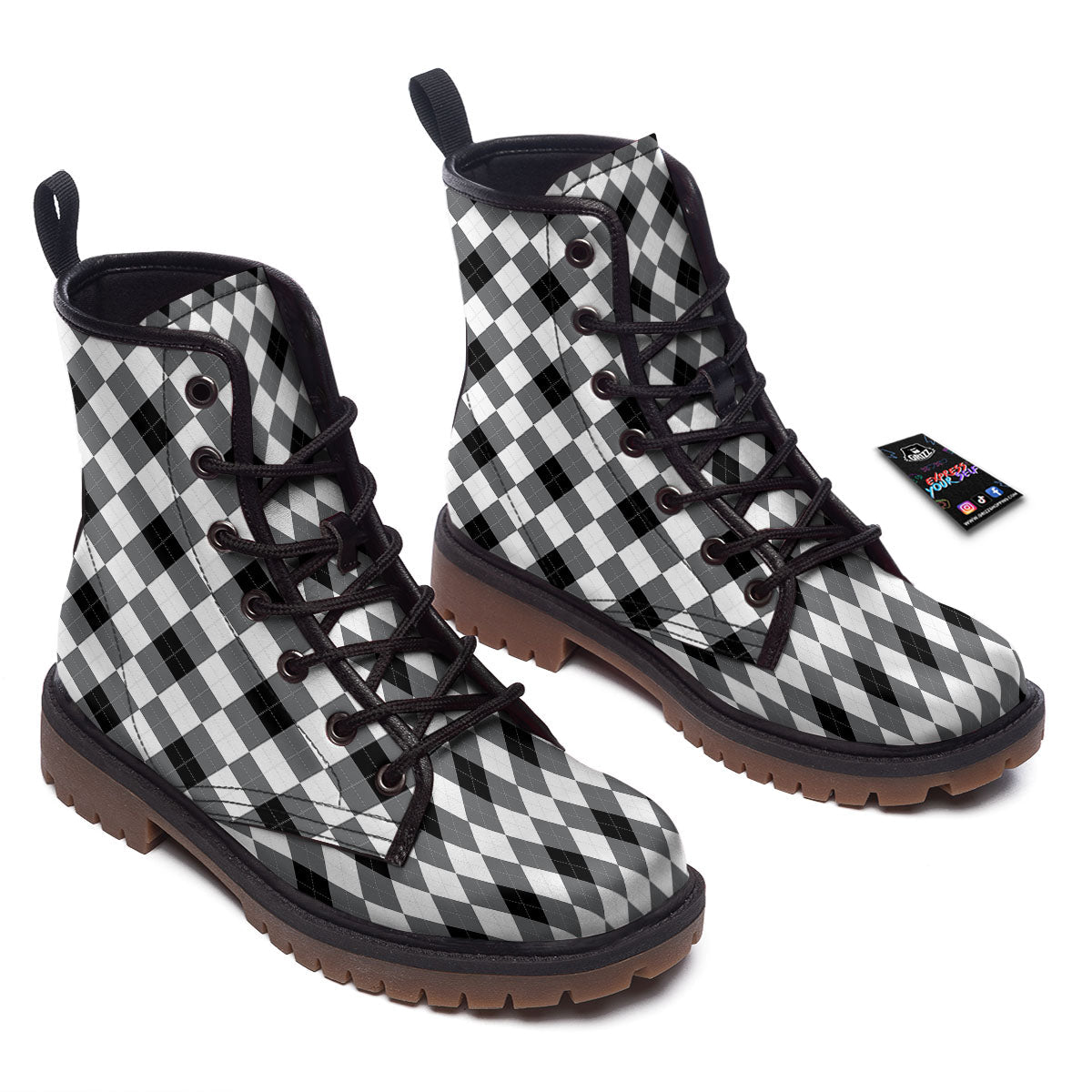 White And Black Argyle Print Pattern Work Boots-grizzshop