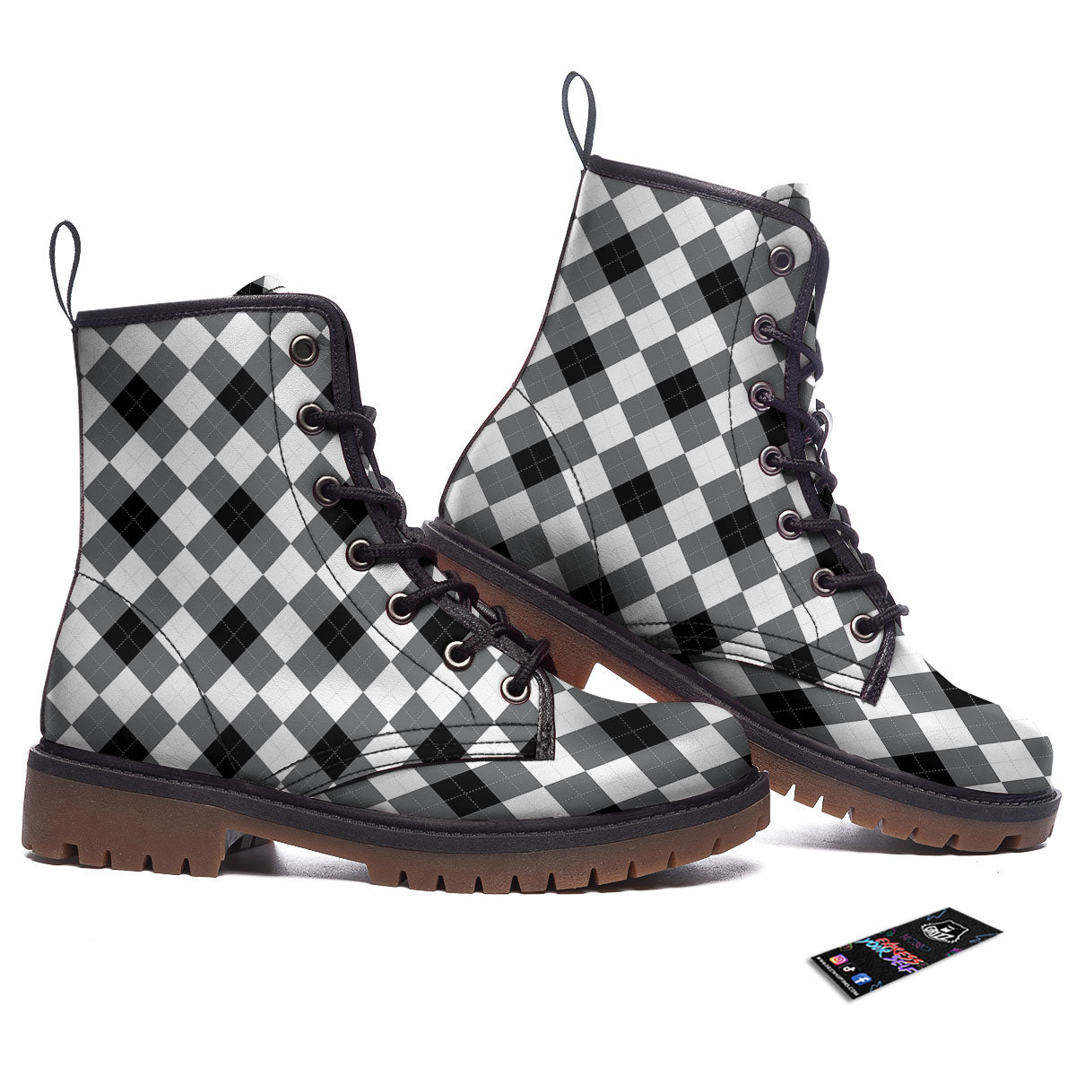 White And Black Argyle Print Pattern Work Boots-grizzshop