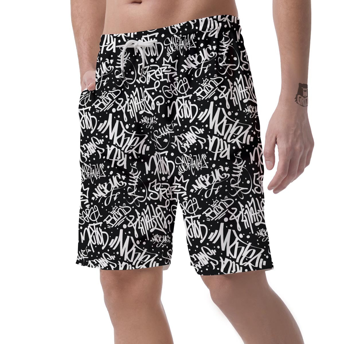 White And Black Graffiti Doodle Text Print Men's Shorts-grizzshop