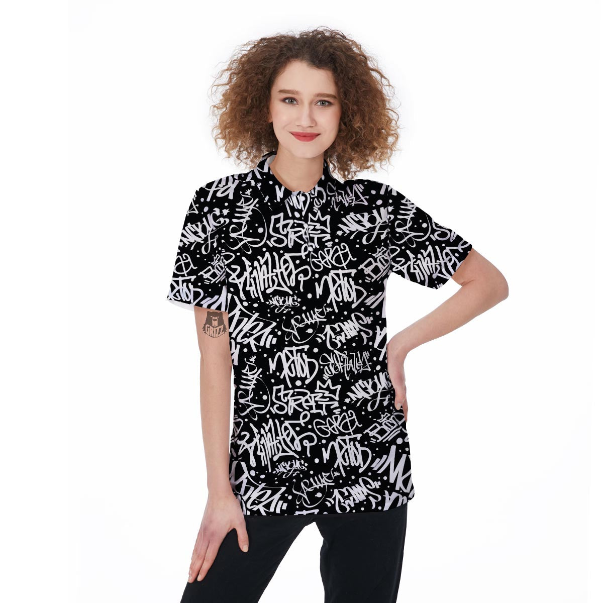White And Black Graffiti Doodle Text Print Women's Golf Shirts-grizzshop