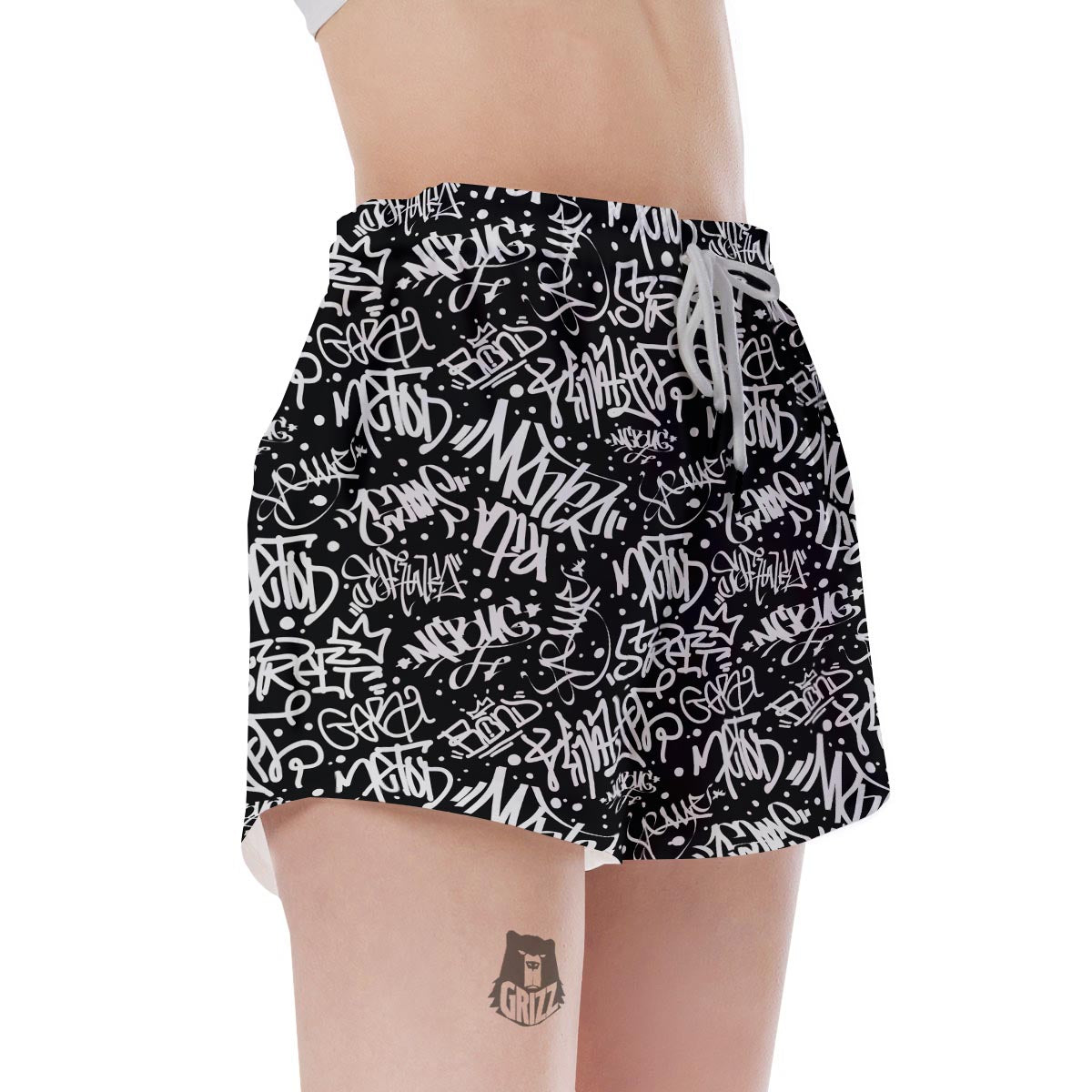White And Black Graffiti Doodle Text Print Women's Shorts-grizzshop