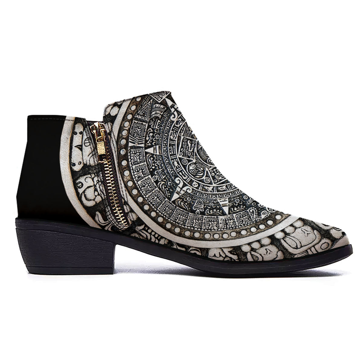 White And Black Maya Calendar Print Ankle Boots-grizzshop