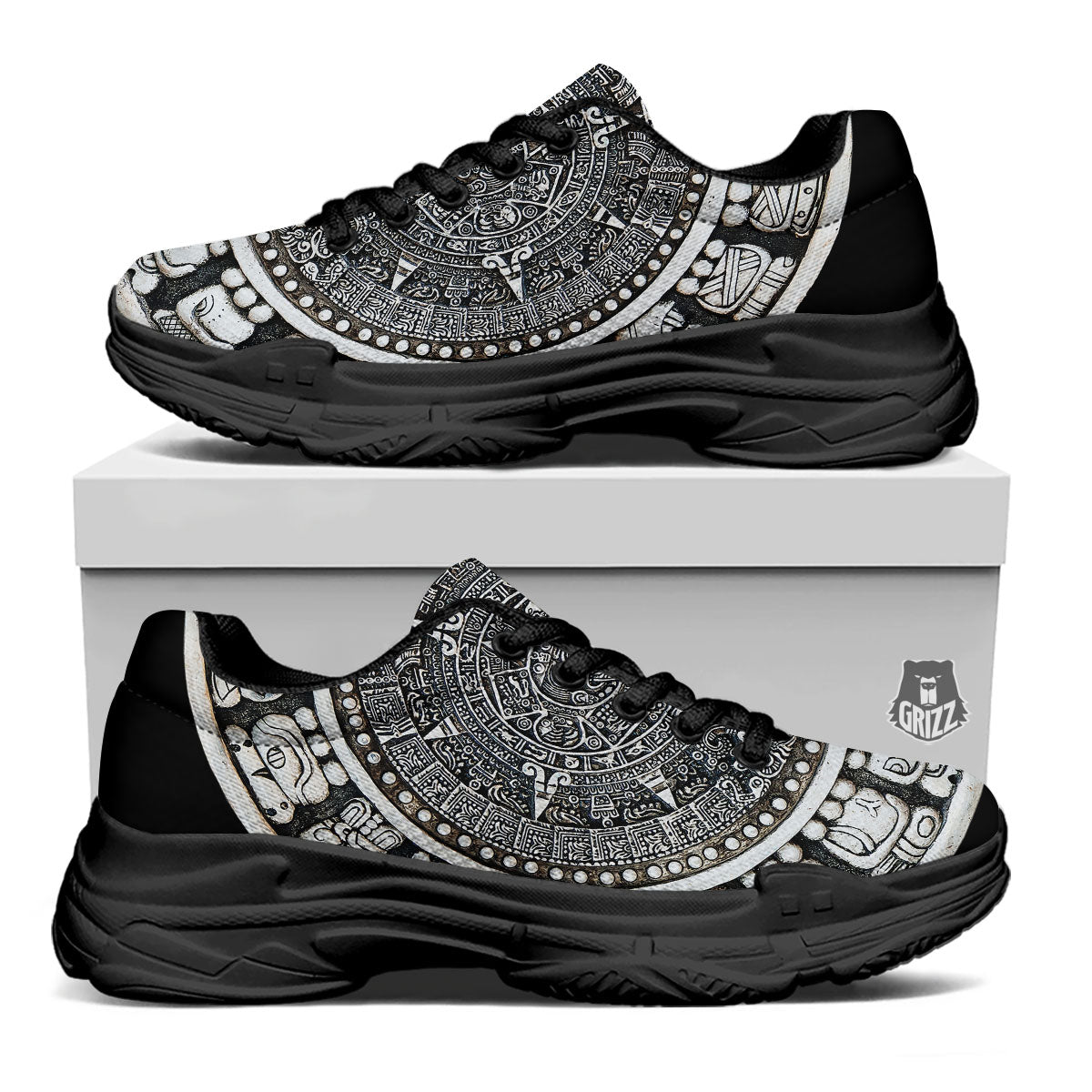 White And Black Maya Calendar Print Black Chunky Shoes-grizzshop