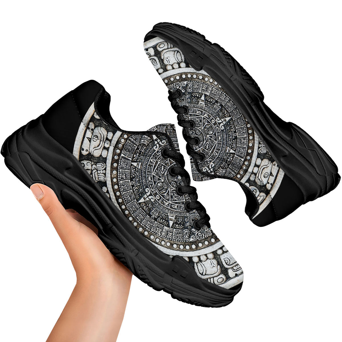 White And Black Maya Calendar Print Black Chunky Shoes-grizzshop