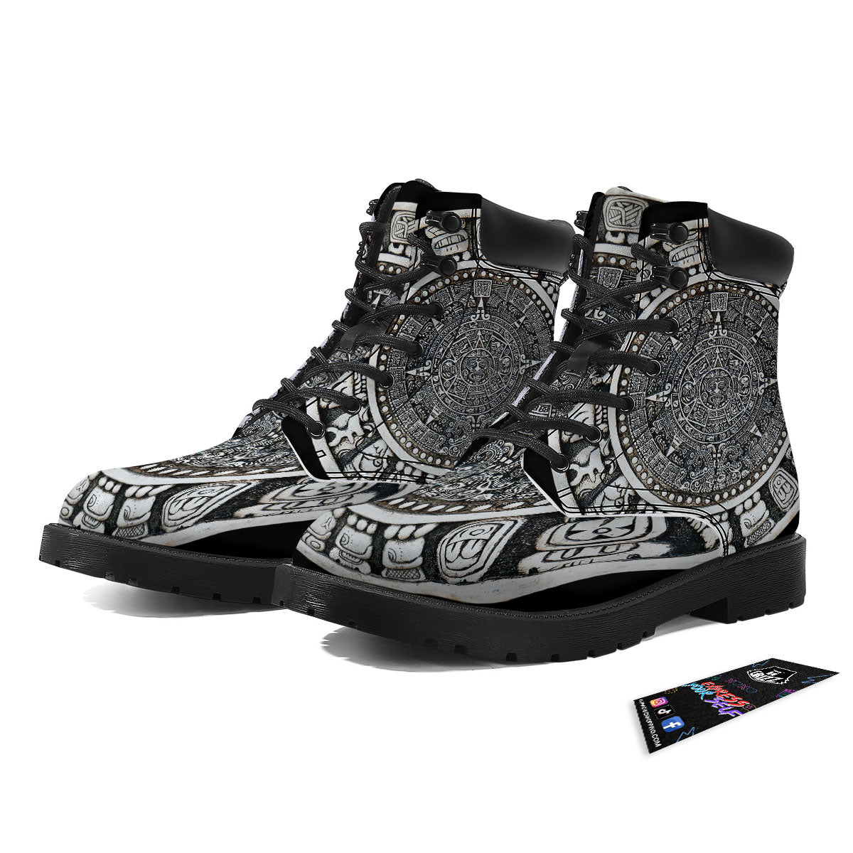 White And Black Maya Calendar Print Boots-grizzshop