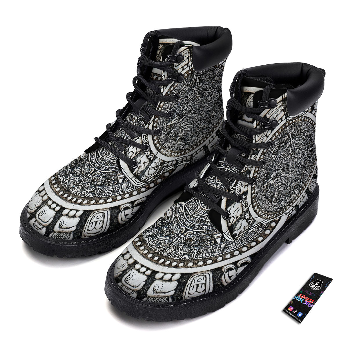 White And Black Maya Calendar Print Boots-grizzshop