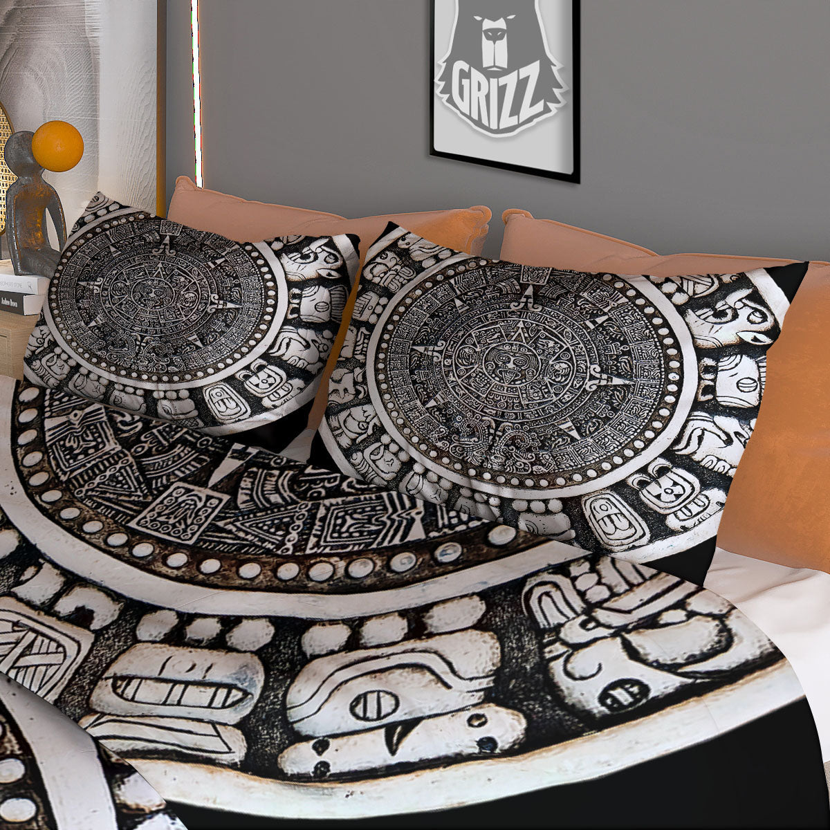 White And Black Maya Calendar Print Duvet Cover Bedding Set