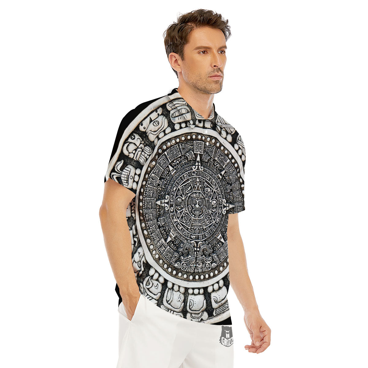 White And Black Maya Calendar Print Men's Golf Shirts-grizzshop