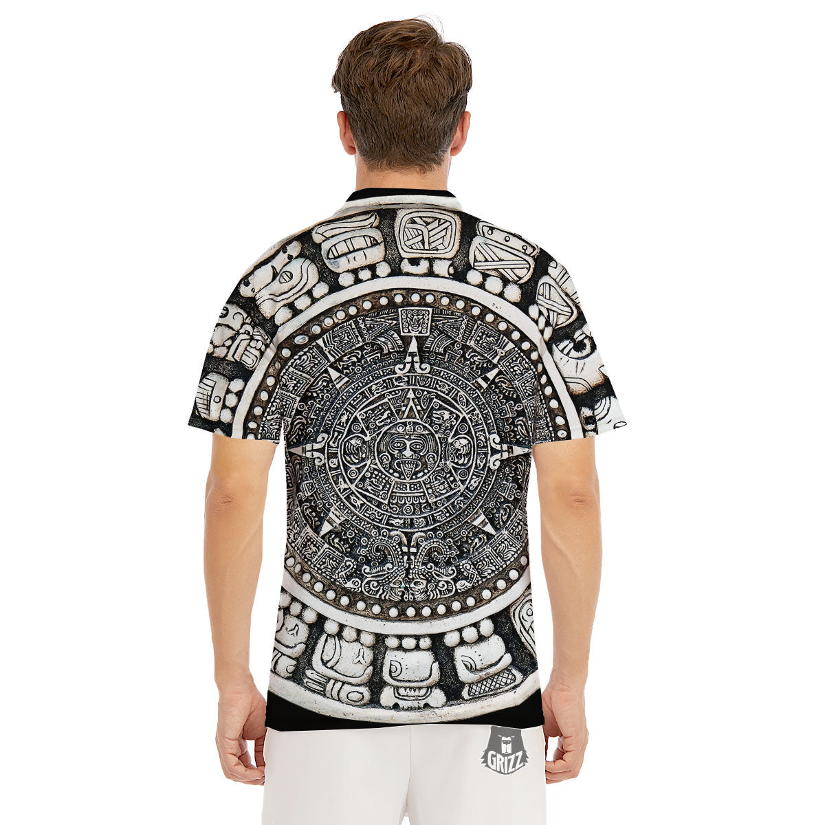 White And Black Maya Calendar Print Men's Golf Shirts-grizzshop