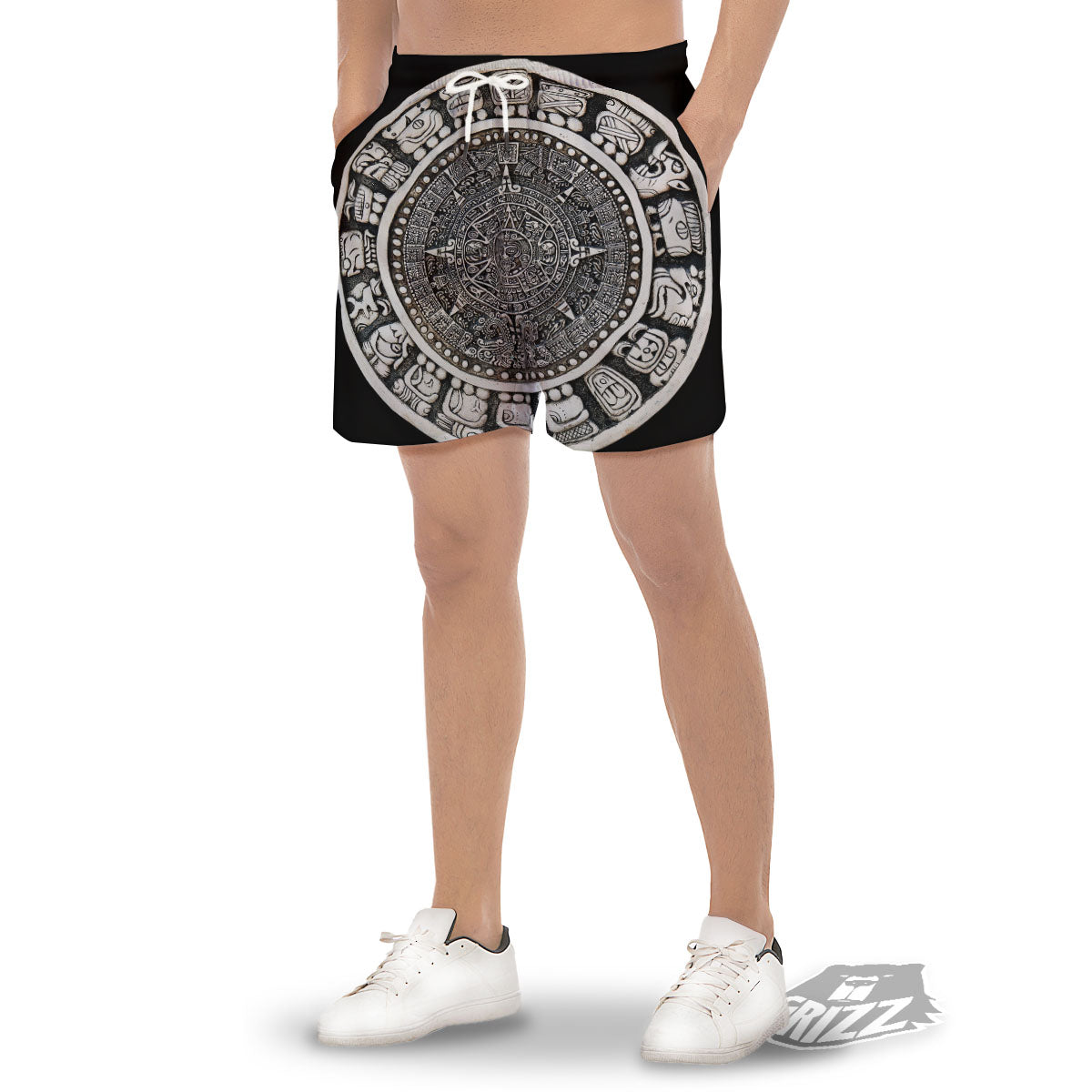 White And Black Maya Calendar Print Men's Gym Shorts-grizzshop