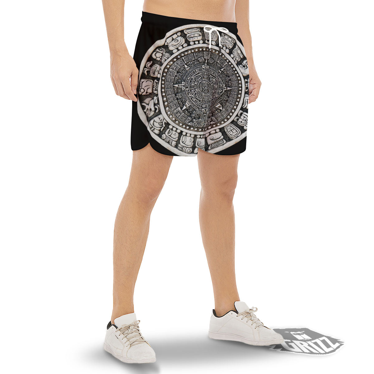 White And Black Maya Calendar Print Men's Gym Shorts-grizzshop
