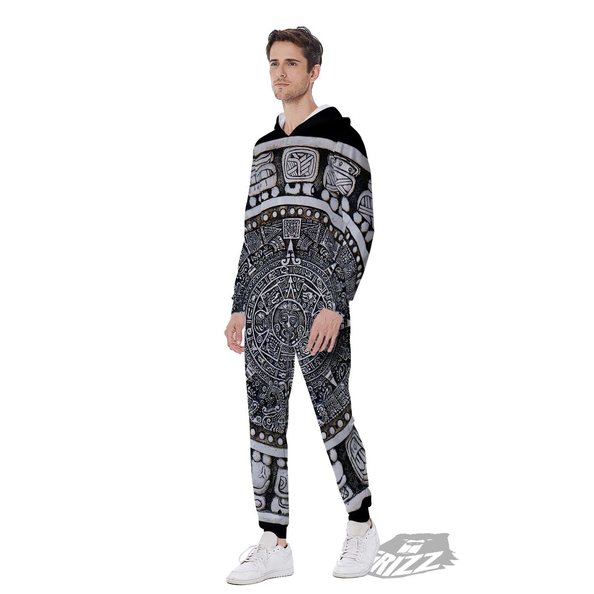 White And Black Maya Calendar Print Men's Jumpsuit-grizzshop