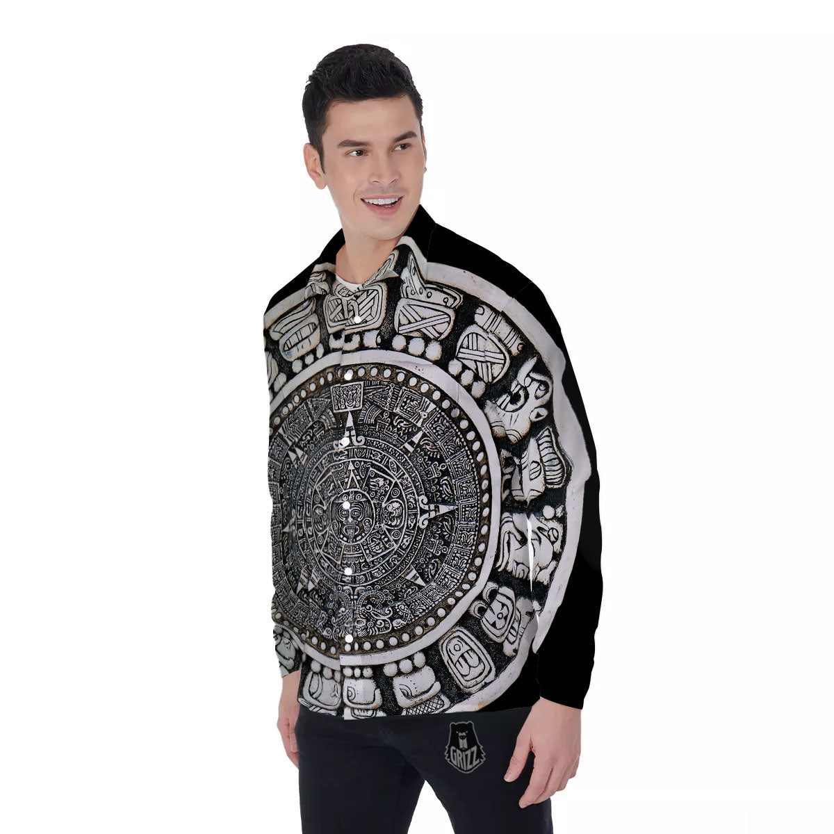 White And Black Maya Calendar Print Men's Long Sleeve Shirts-grizzshop