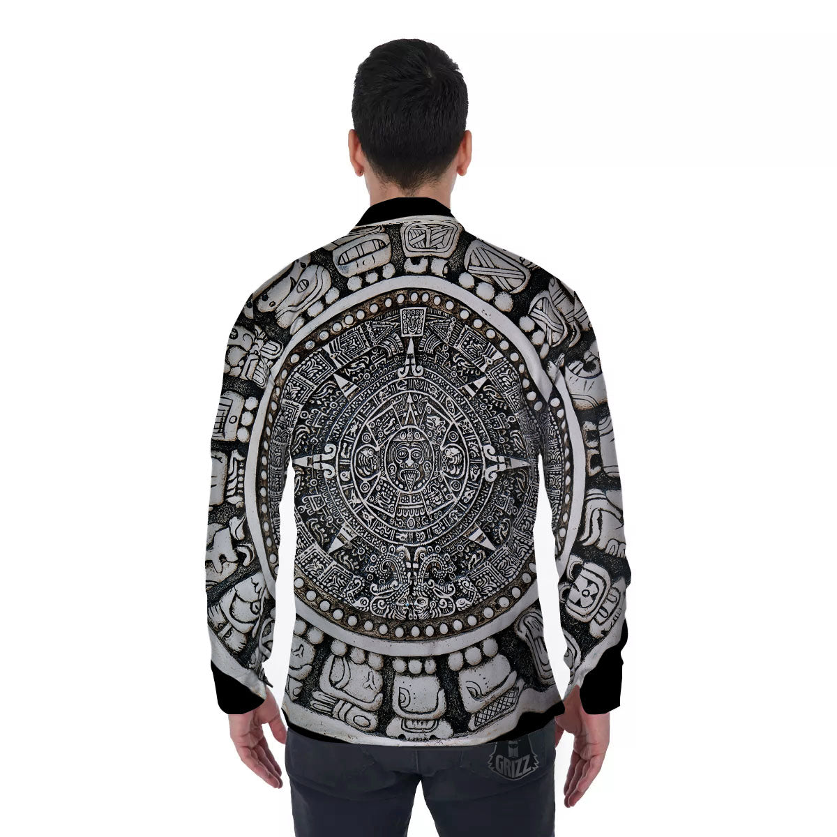 White And Black Maya Calendar Print Men's Long Sleeve Shirts-grizzshop