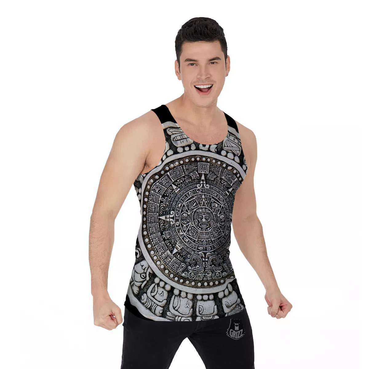 White And Black Maya Calendar Print Men's Tank Top-grizzshop