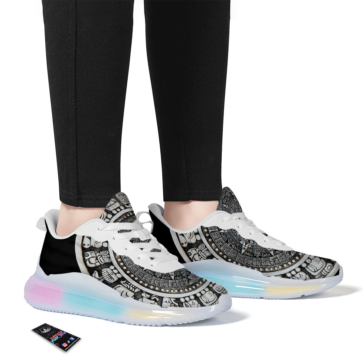 White And Black Maya Calendar Print Running Sneakers-grizzshop