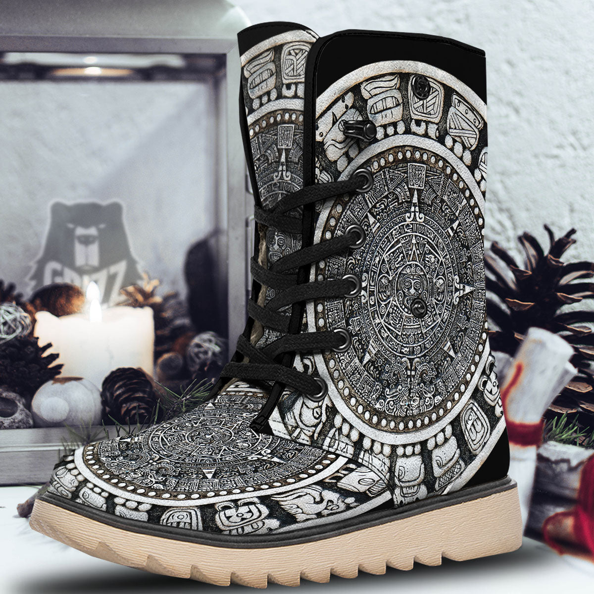 White And Black Maya Calendar Print Snow Boots-grizzshop