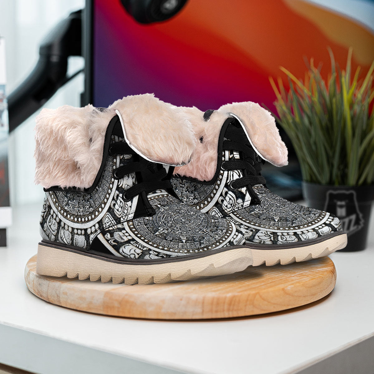 White And Black Maya Calendar Print Snow Boots-grizzshop