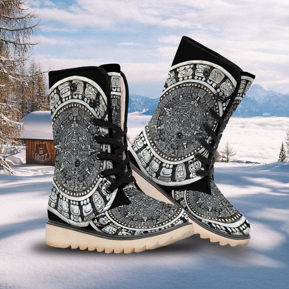 White And Black Maya Calendar Print Snow Boots-grizzshop