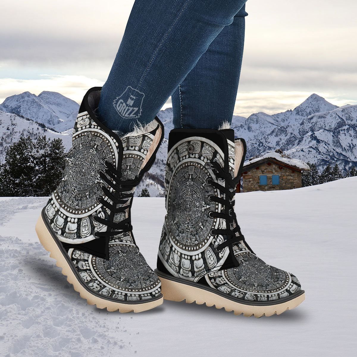White And Black Maya Calendar Print Snow Boots-grizzshop