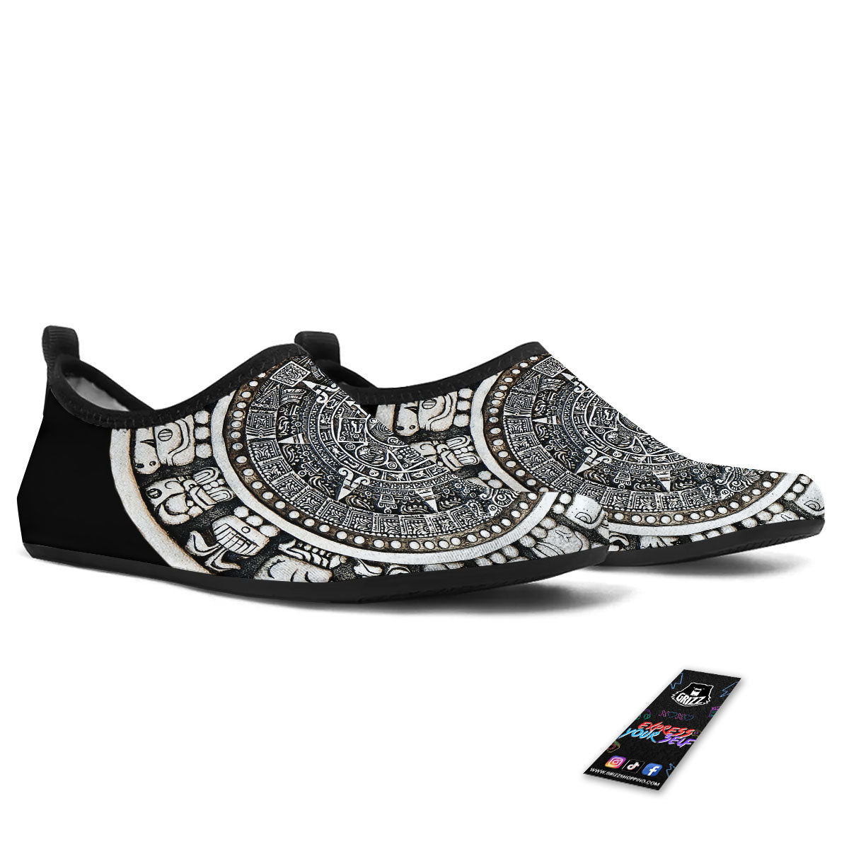 White And Black Maya Calendar Print Water Shoes-grizzshop