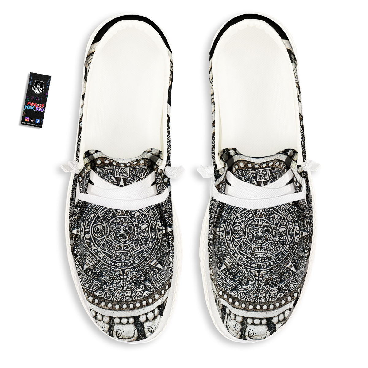 White And Black Maya Calendar Print White Loafers-grizzshop