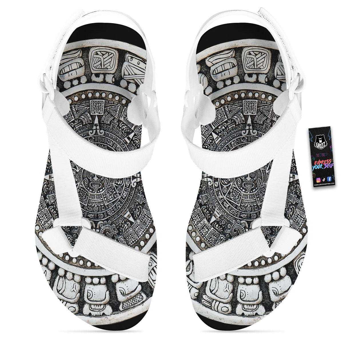 White And Black Maya Calendar Print White Open Toe Sandals-grizzshop