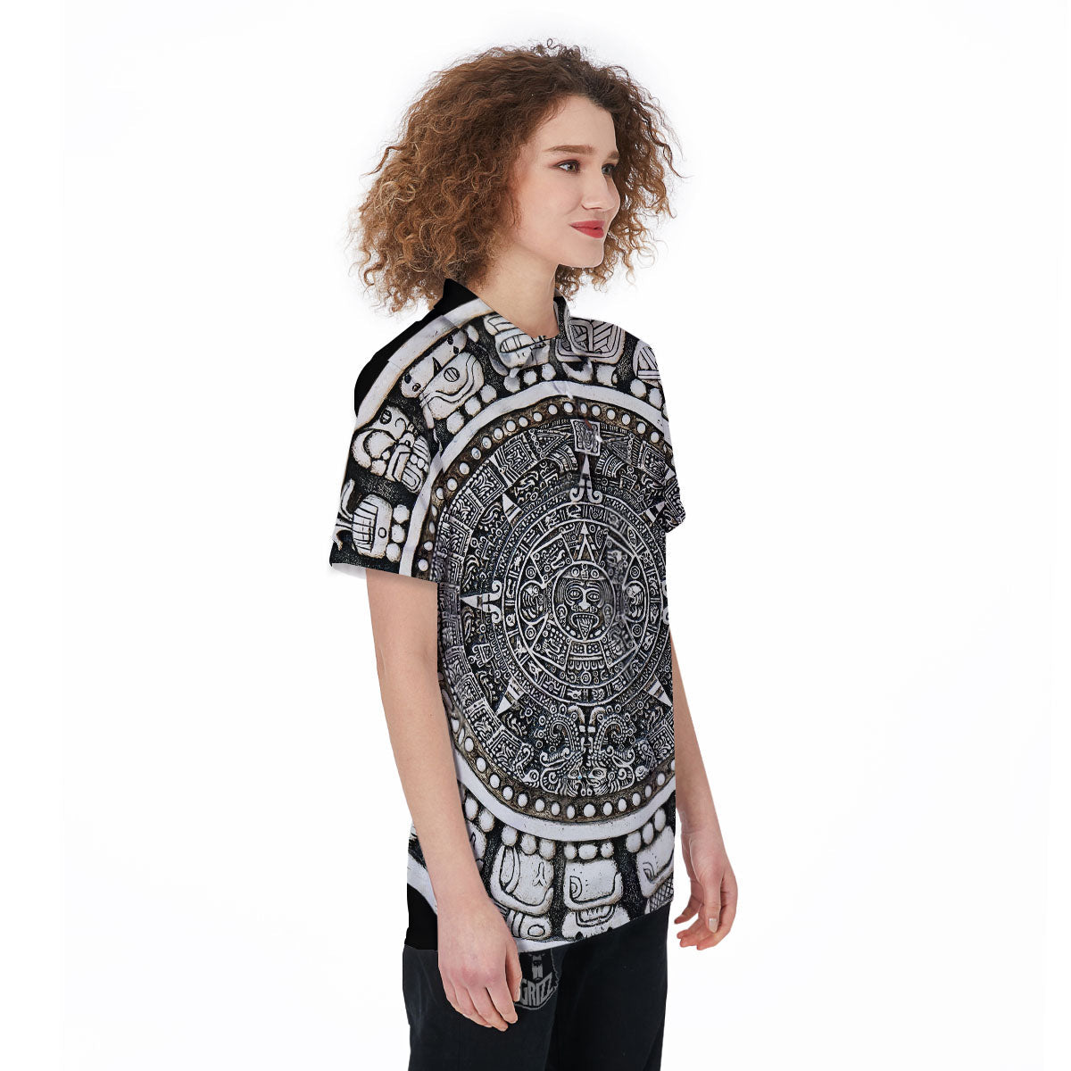 White And Black Maya Calendar Print Women's Golf Shirts-grizzshop