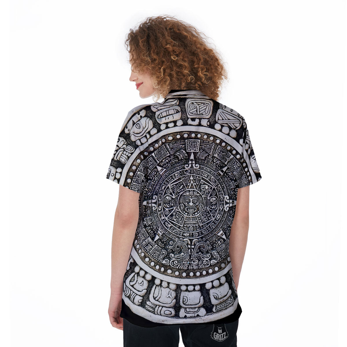 White And Black Maya Calendar Print Women's Golf Shirts-grizzshop