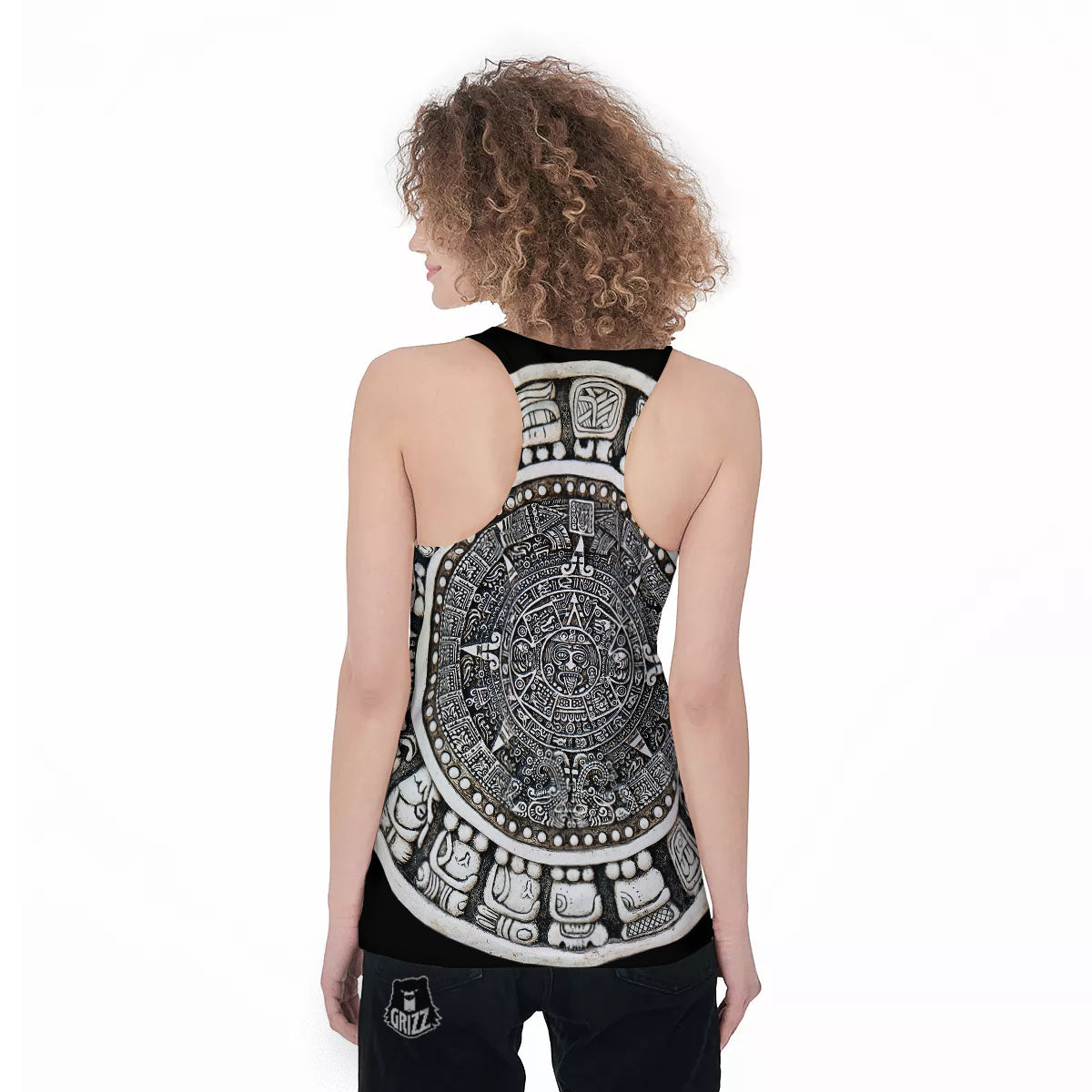 White And Black Maya Calendar Print Women's Racerback Tank Top-grizzshop