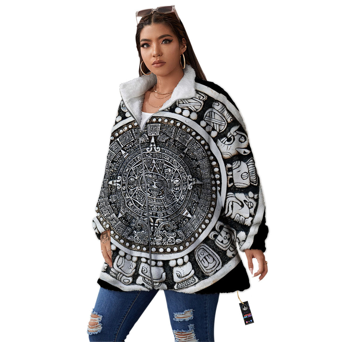 White And Black Maya Calendar Print Women's Sherpa Jacket-grizzshop