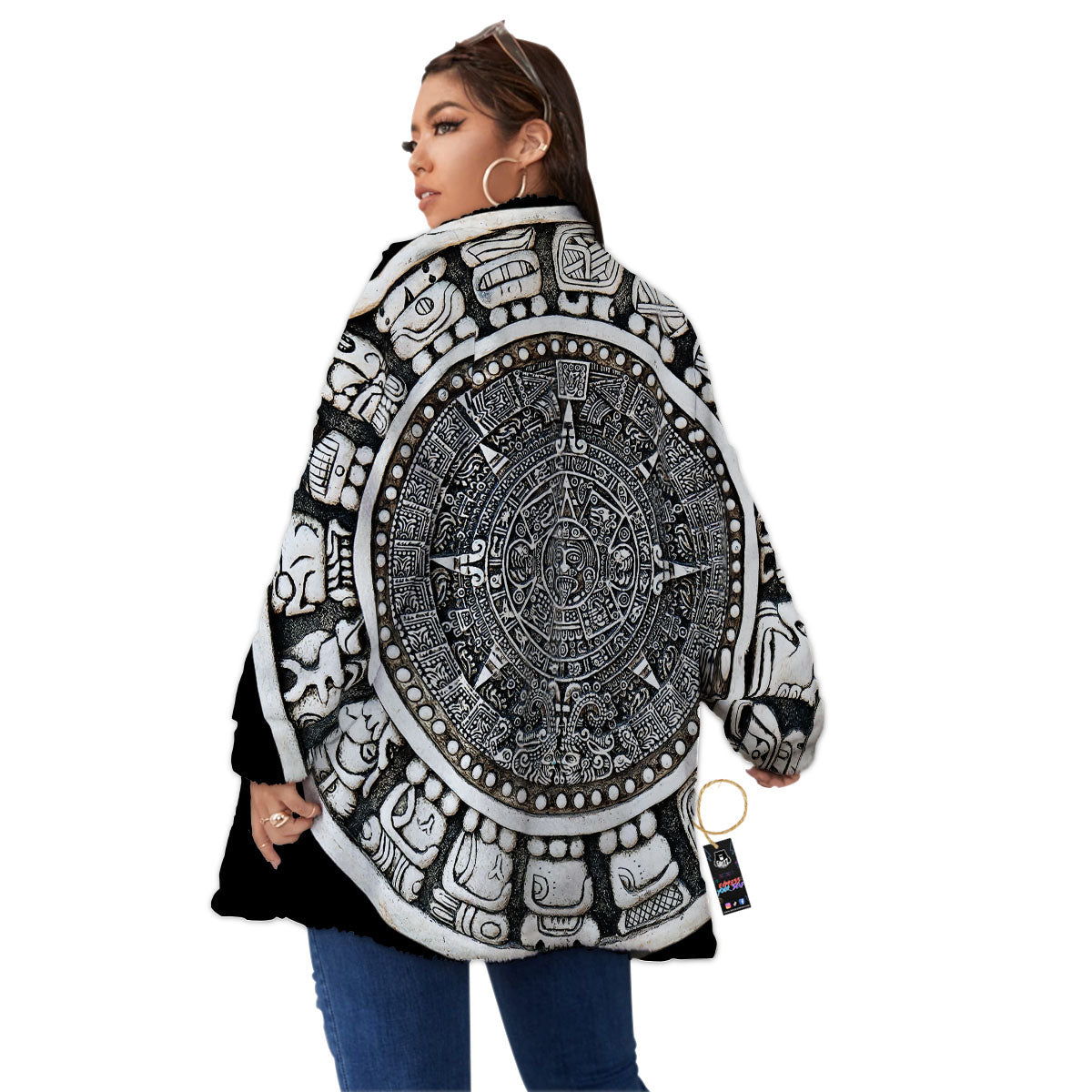 White And Black Maya Calendar Print Women's Sherpa Jacket-grizzshop