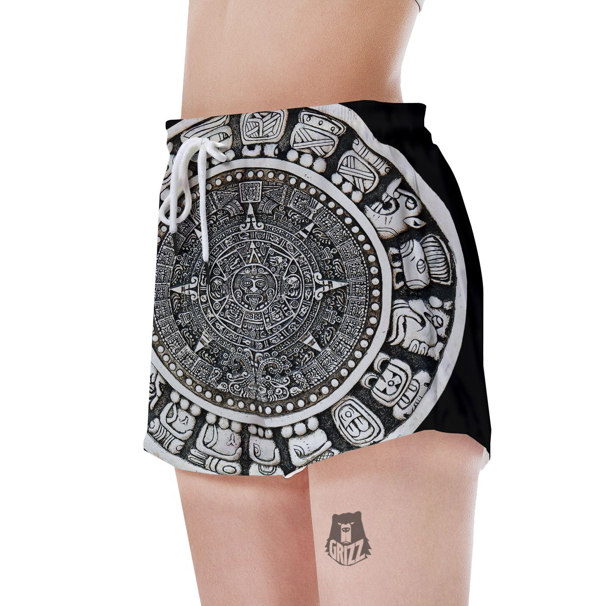 White And Black Maya Calendar Print Women's Shorts-grizzshop
