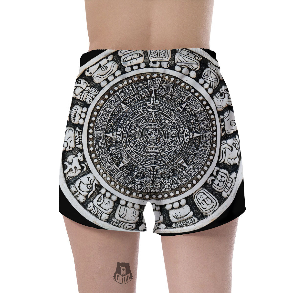 White And Black Maya Calendar Print Women's Shorts-grizzshop