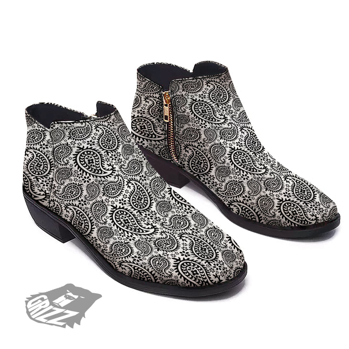 White And Black Paisley Print Pattern Ankle Boots-grizzshop