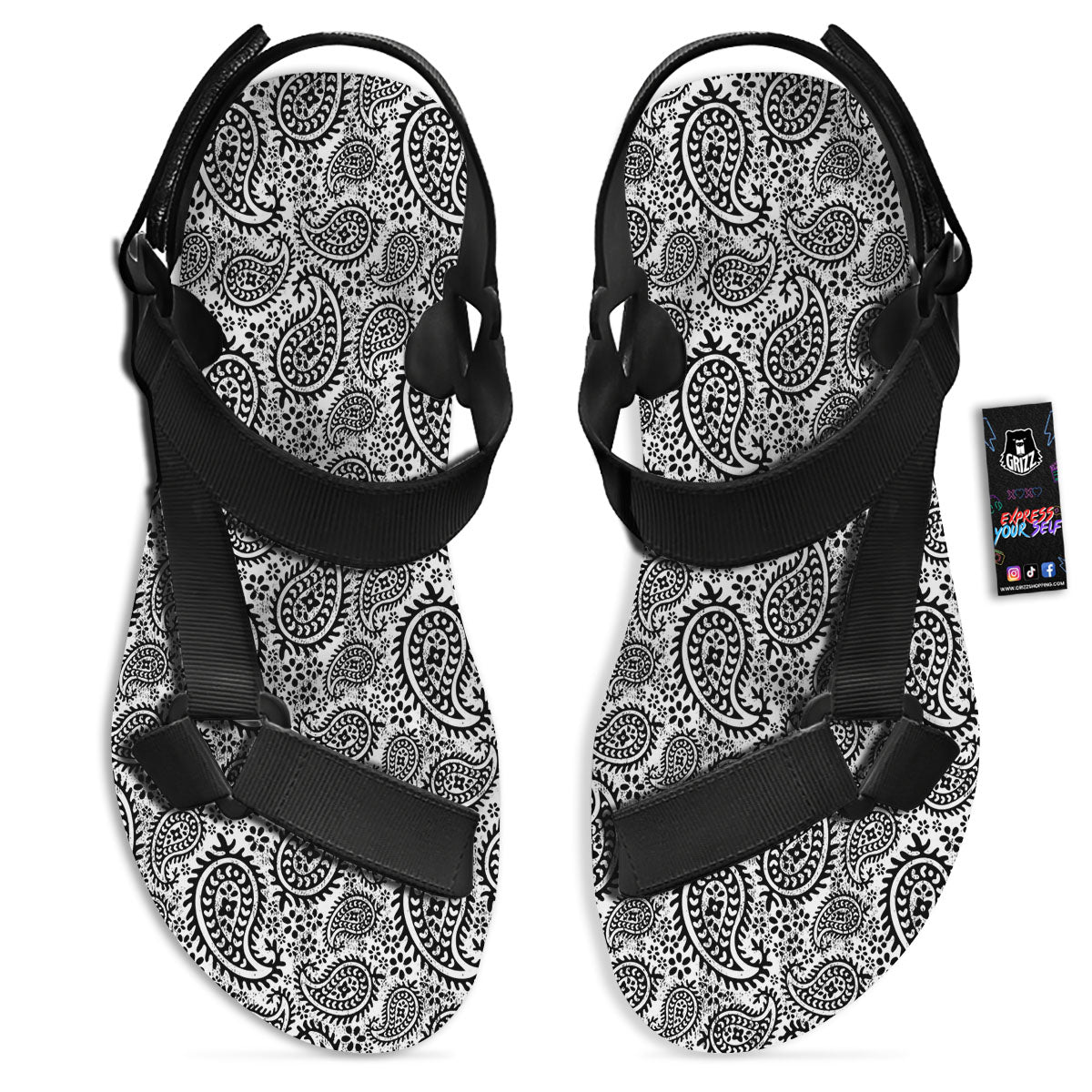 White And Black Paisley Print Pattern Black Open Toe Sandals-grizzshop