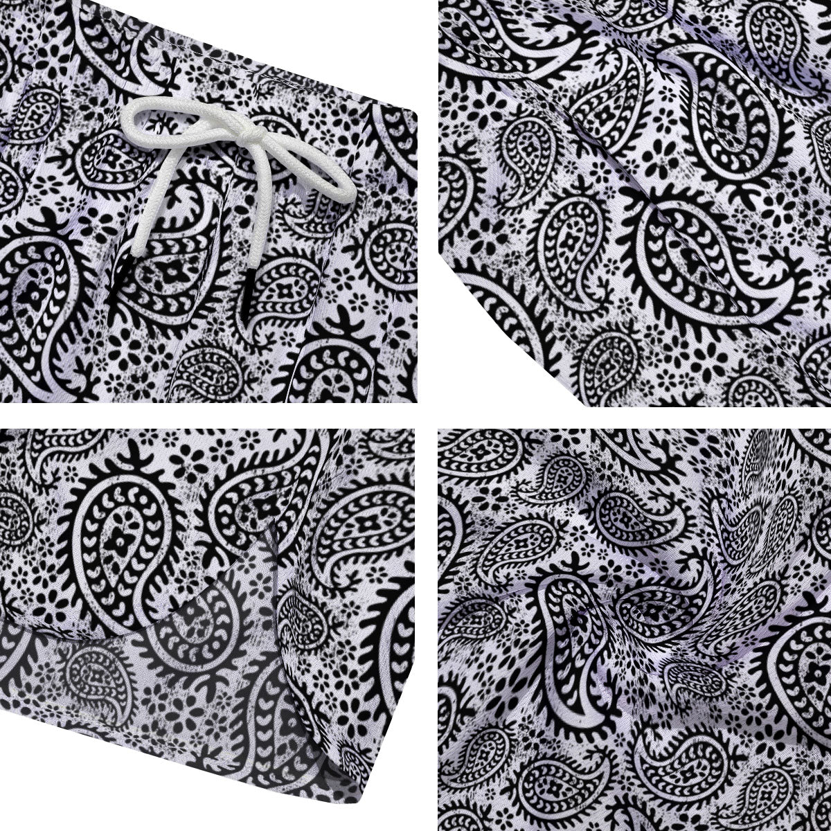 White And Black Paisley Print Pattern Men's Running Shorts-grizzshop