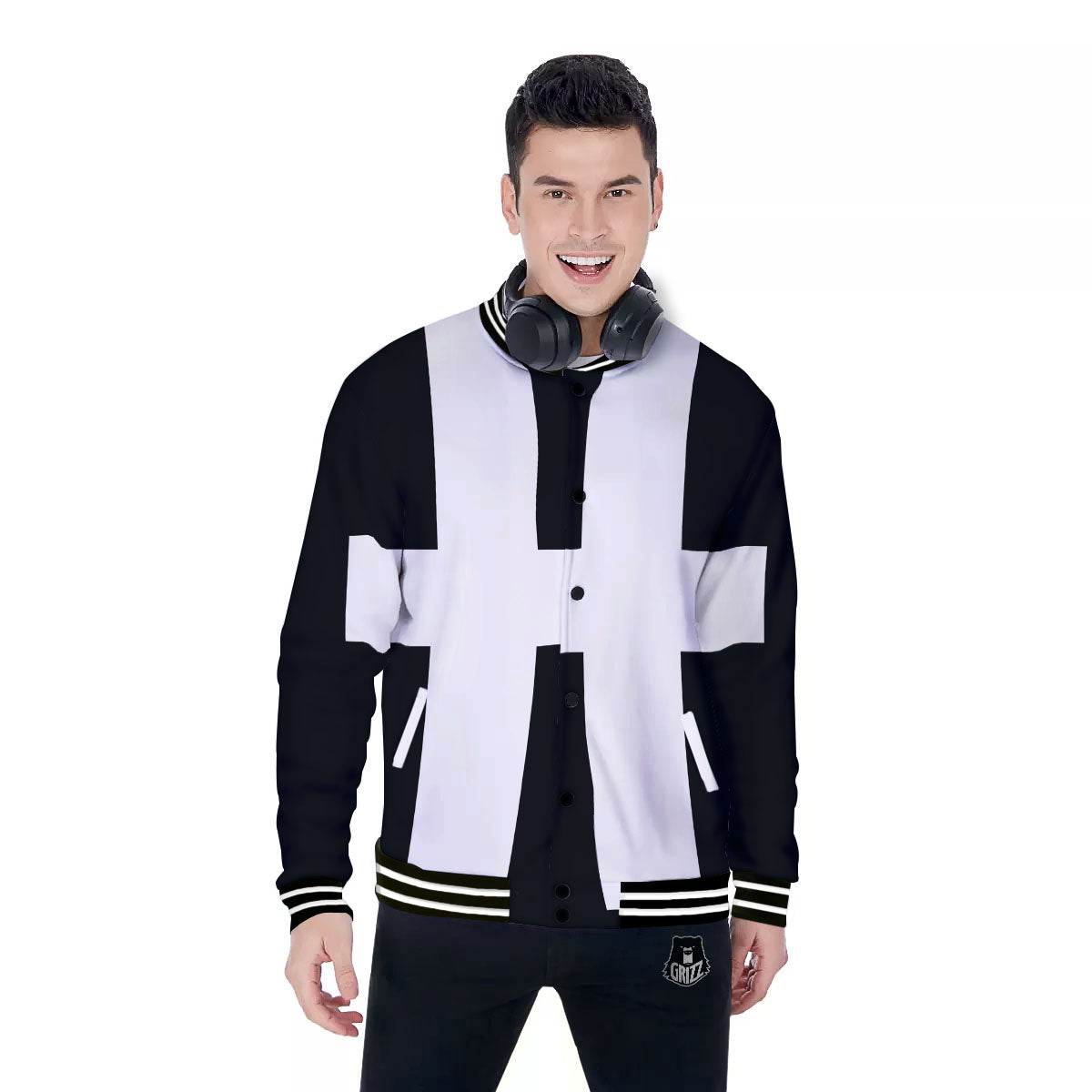 White And Black Pisces Sign Print Baseball Jacket-grizzshop
