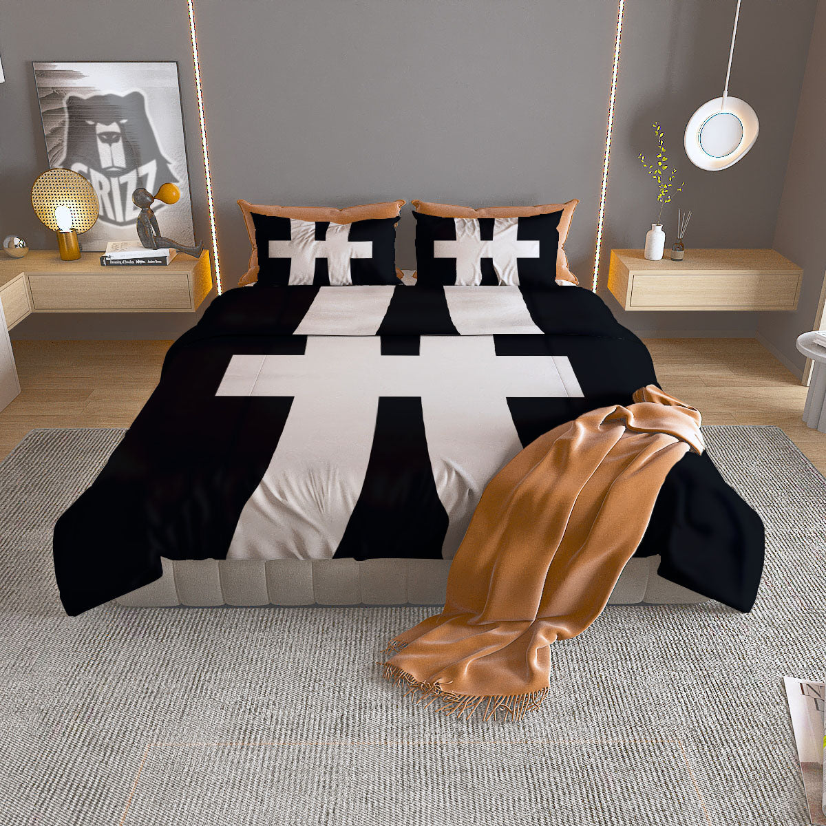 White And Black Pisces Sign Print Duvet Cover Bedding Set