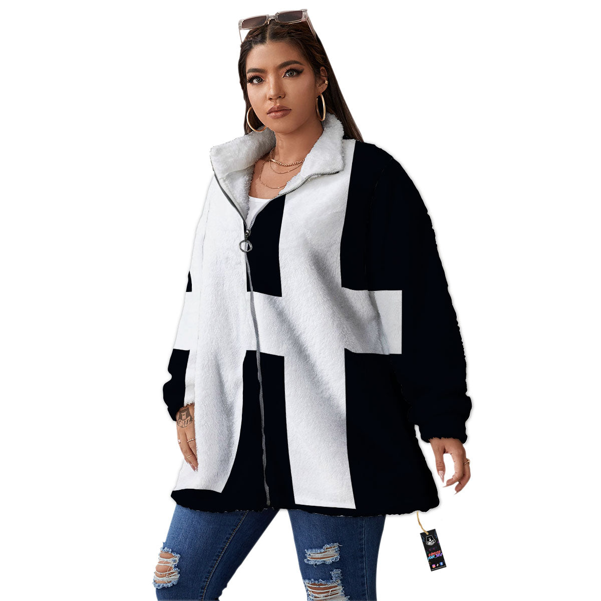 White And Black Pisces Sign Print Women's Sherpa Jacket-grizzshop