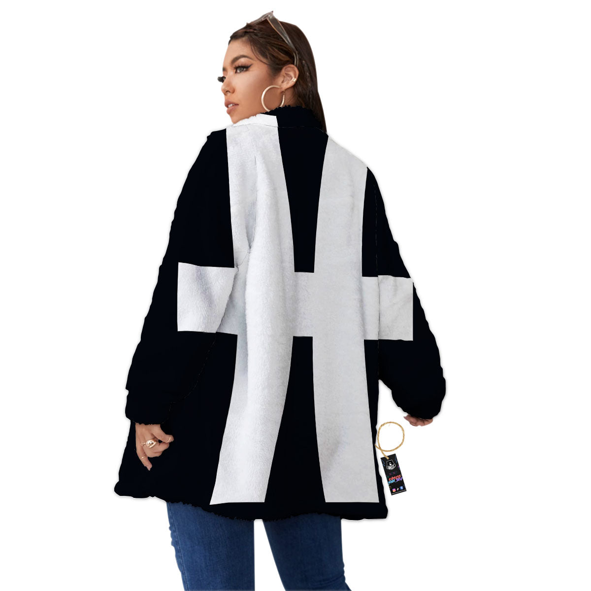 White And Black Pisces Sign Print Women's Sherpa Jacket-grizzshop