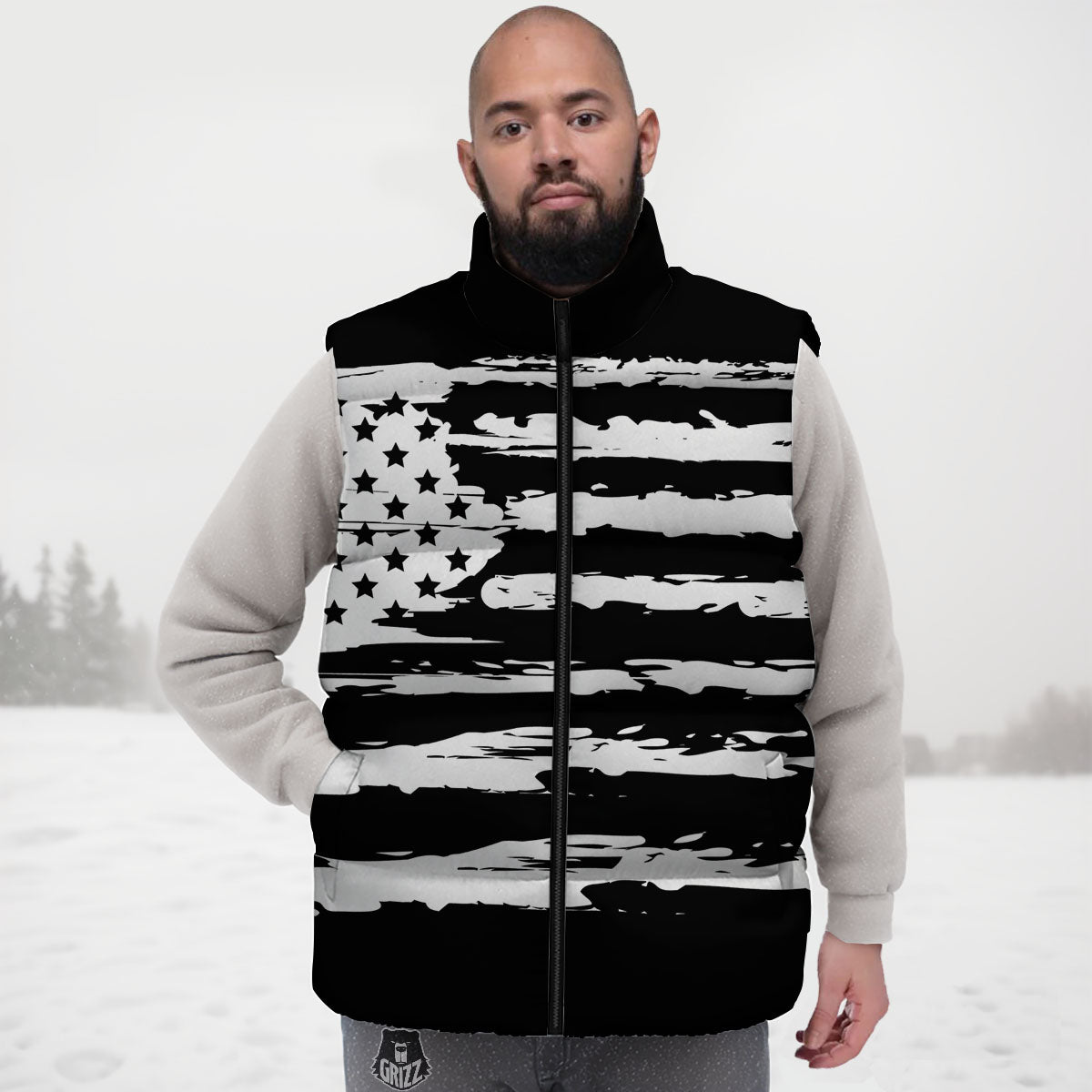 White And Black USA Flag Print Down Vest